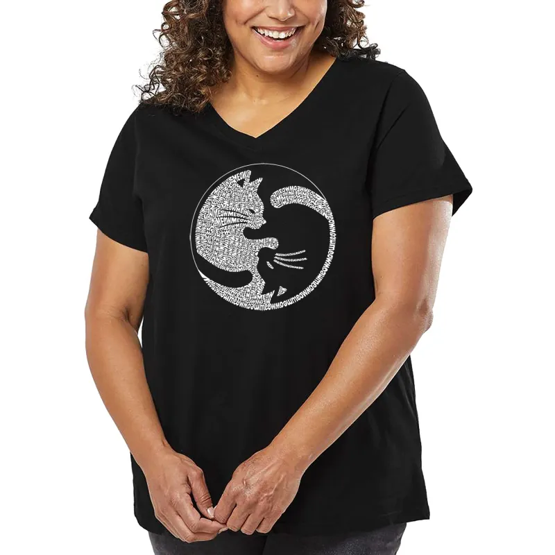 Women's Plus Size Word Art V-Neck - Yin Yang Cat sold by LA Pop Art