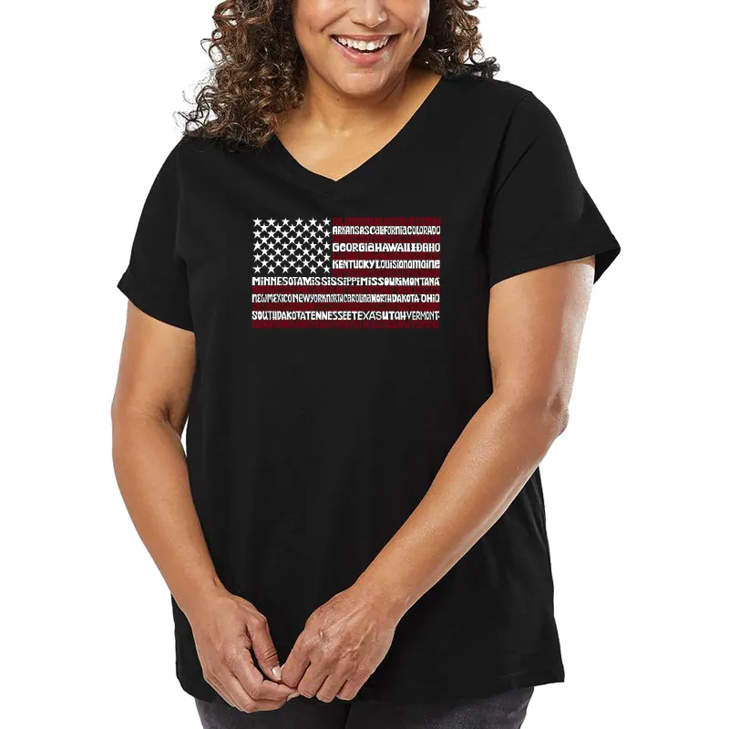 Women's Plus Size Word Art V-Neck - 50 States USA Flag sold by LA Pop Art