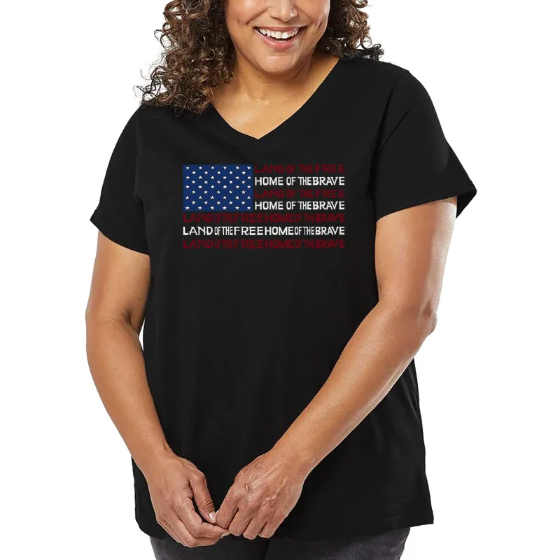 Women's Plus Size Word Art V-Neck - Land of the Free American Flag sold by LA Pop Art