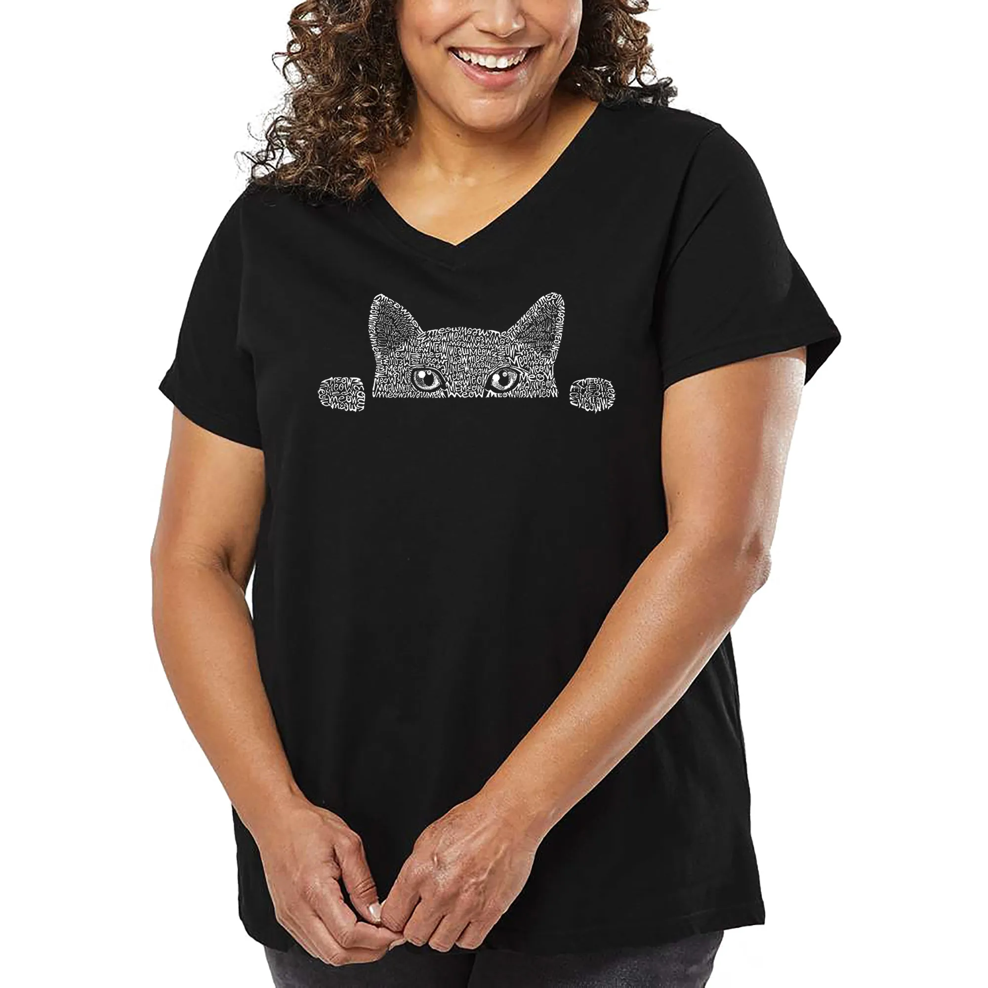 Women's Plus Size Word Art V-Neck - Peeking Cat sold by LA Pop Art