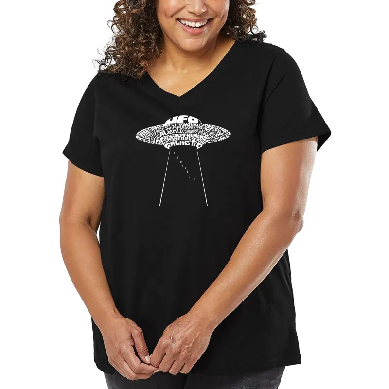 Women's Plus Size Word Art V-Neck - Flying Saucer UFO sold by LA Pop Art