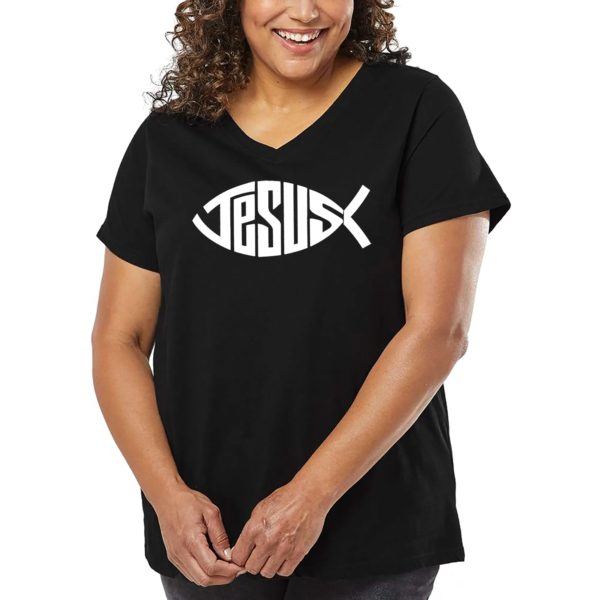 Women's Plus Size Word Art V-Neck - Christian Jesus Name Fish Symbol sold by LA Pop Art