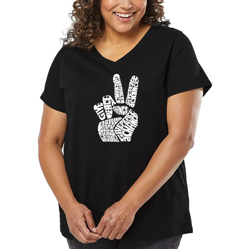 Women's Plus Size Word Art V-Neck - PEACE FINGERS sold by LA Pop Art