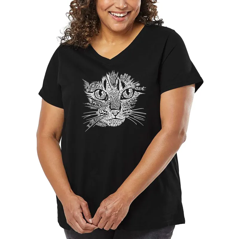 Women's Plus Size Word Art V-Neck - Cat Face sold by LA Pop Art