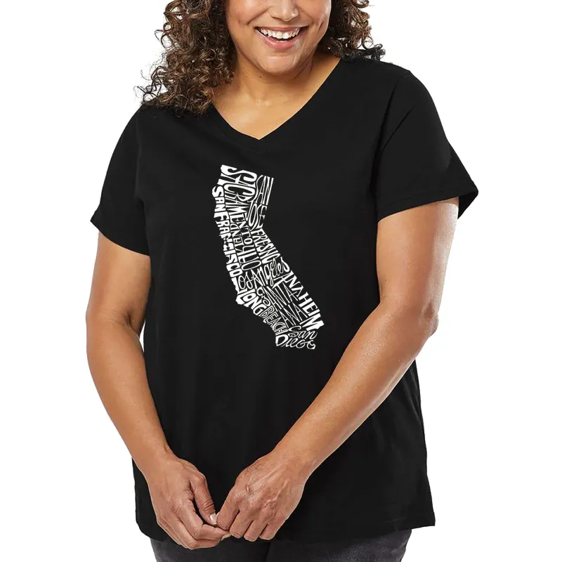 Women's Plus Size Word Art V-Neck - California State sold by LA Pop Art