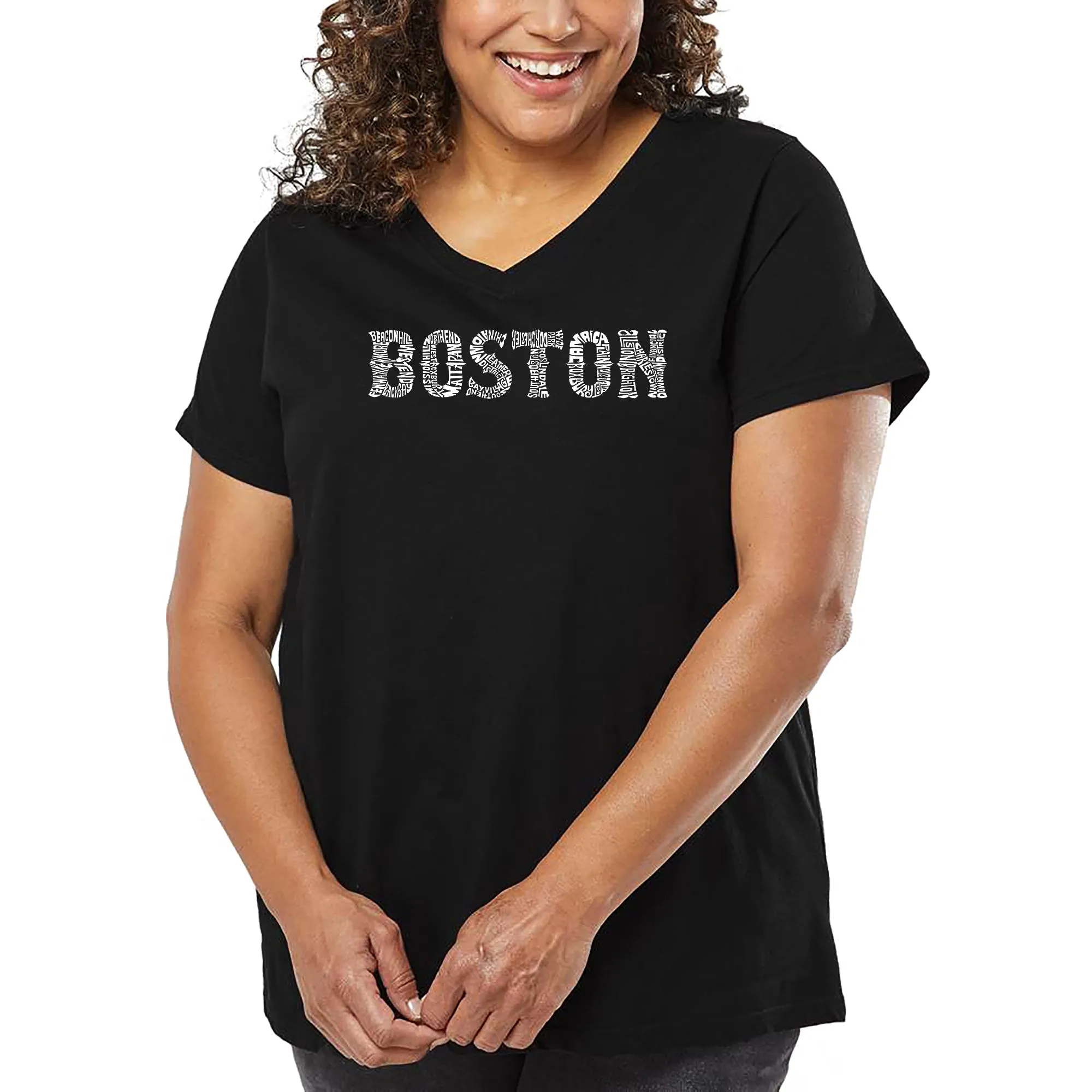Women's Plus Size Word Art V-Neck - BOSTON NEIGHBORHOODS sold by LA Pop Art