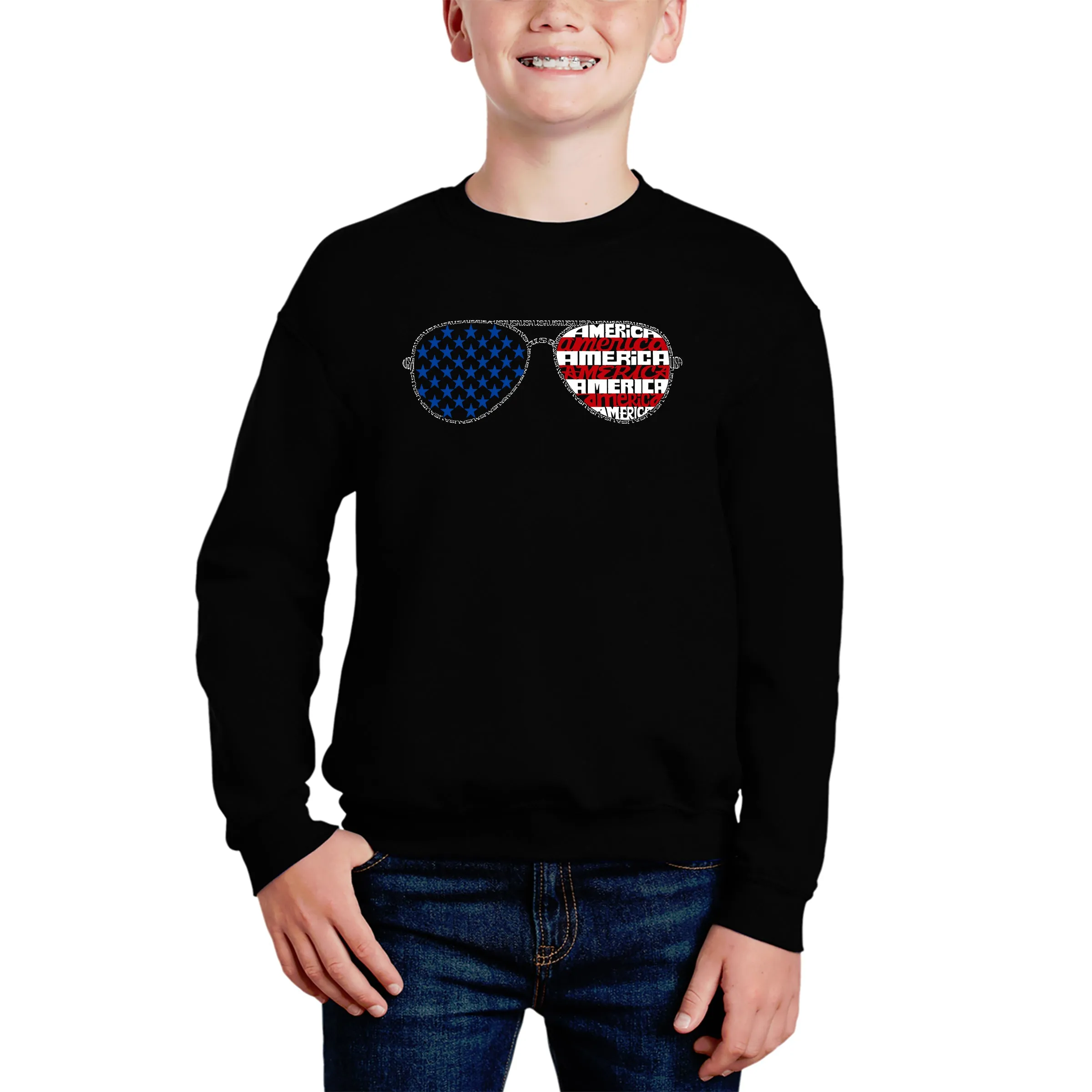 Americana Sunglasses - Boy's Word Art Crewneck Sweatshirt sold by LA Pop Art