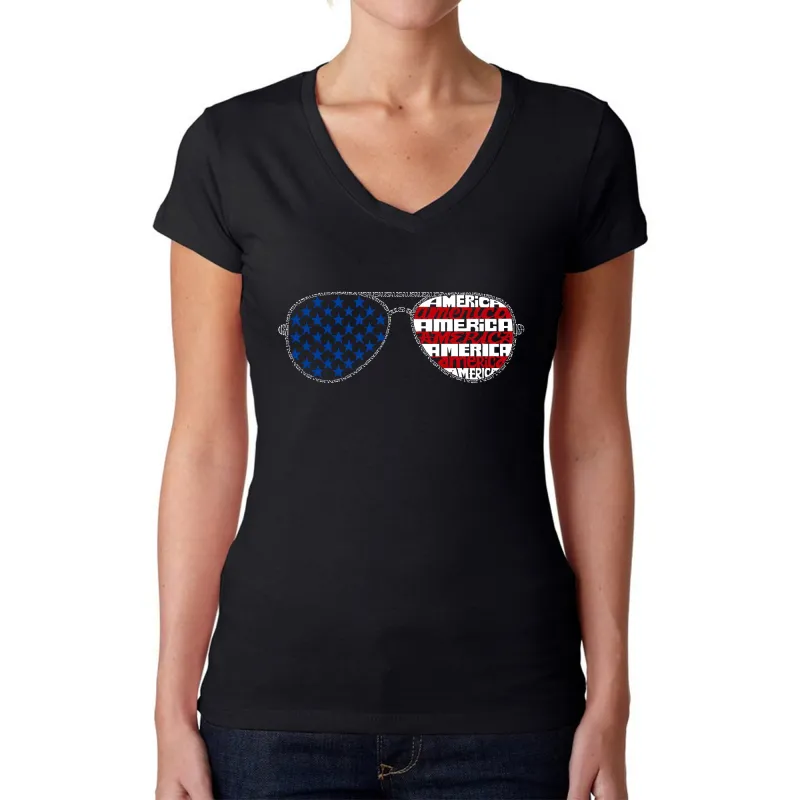Americana Sunglasses - Women's Word Art V-Neck T-Shirt sold by LA Pop Art