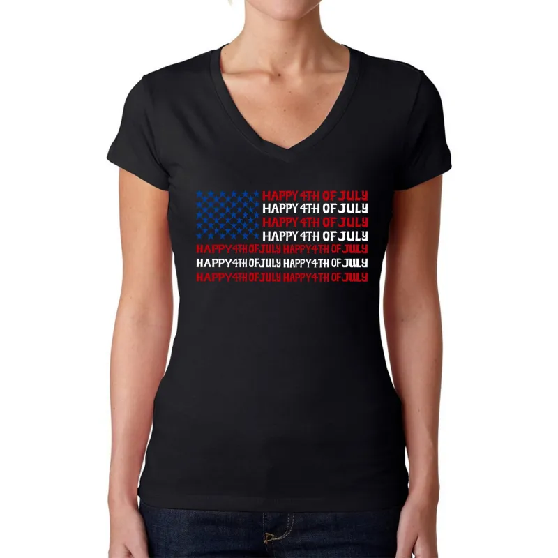 4th of July Flag - Women's Word Art V-Neck T-Shirt sold by LA Pop Art