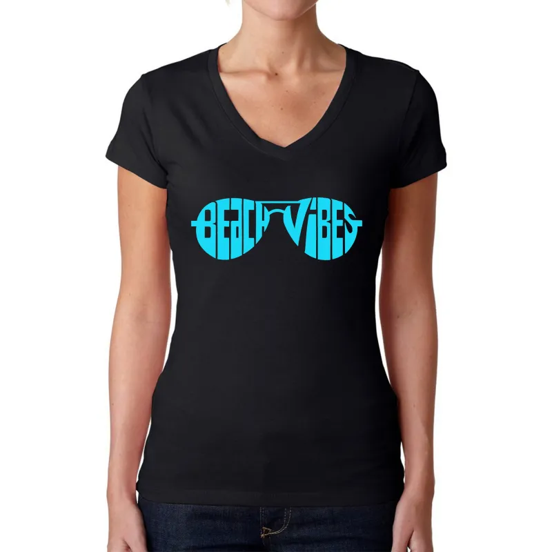 Beach Vibes - Women's Word Art V-Neck T-Shirt sold by LA Pop Art