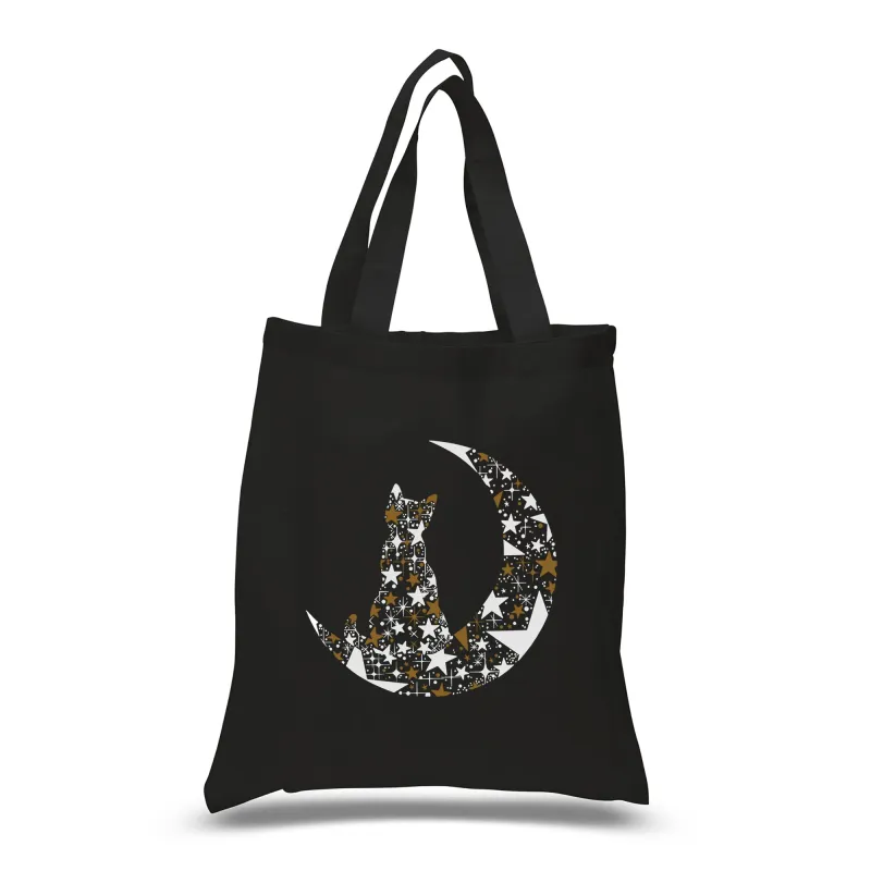 Cat Sitting On Moon - Small Word Art Tote Bag sold by LA Pop Art