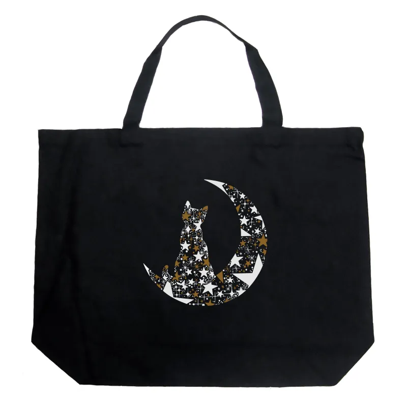 Cat Sitting On Moon - Large Word Art Tote Bag sold by LA Pop Art