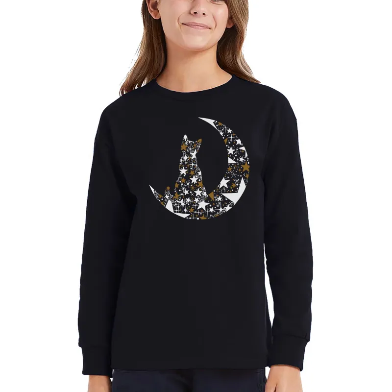 Cat Sitting On Moon - Girl's Word Art Long Sleeve T-Shirt sold by LA Pop Art