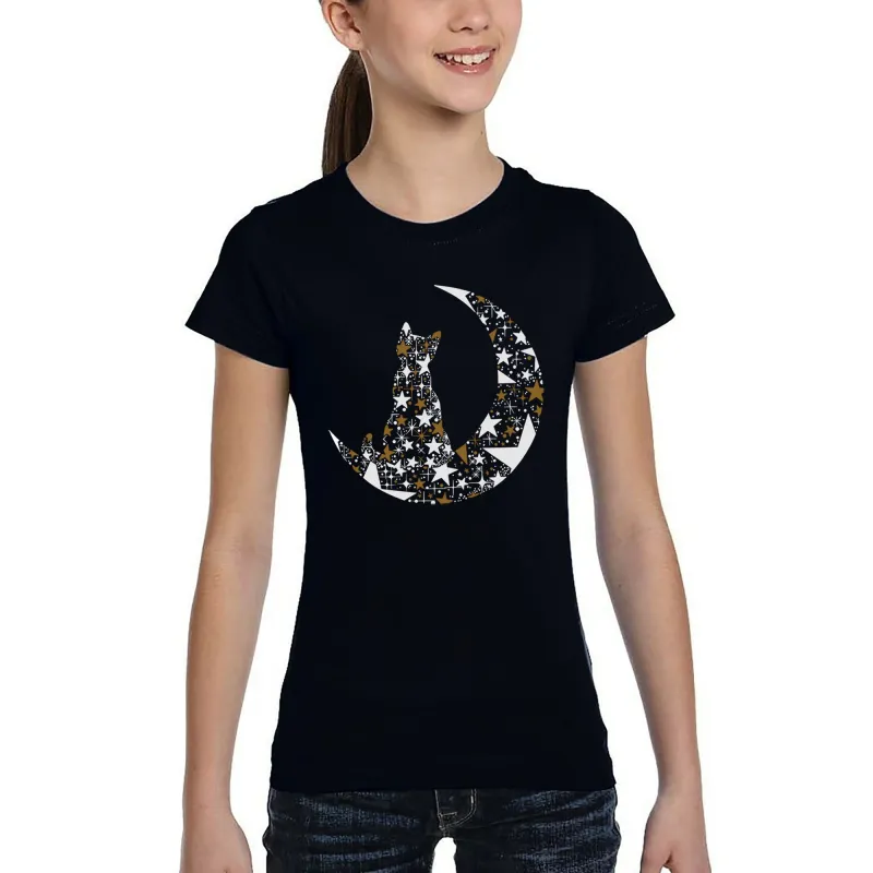 Cat Sitting On Moon - Girl's Word Art T-Shirt sold by LA Pop Art