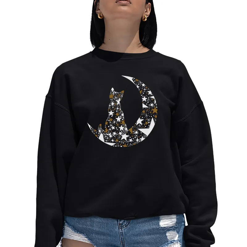 Cat Sitting On Moon - Women's Word Art Crewneck Sweatshirt sold by LA Pop Art