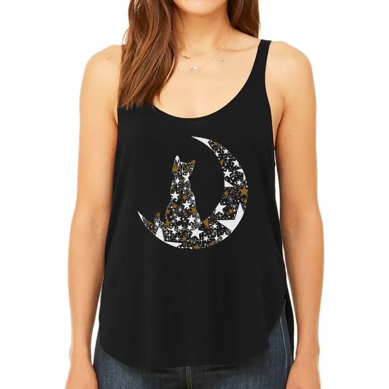 Cat Sitting On Moon - Women's Premium Word Art Flowy Tank Top sold by LA Pop Art