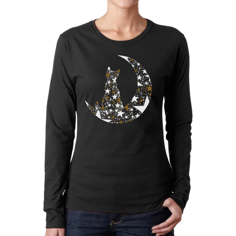 Cat Sitting On Moon - Women's Word Art Long Sleeve T-Shirt sold by LA Pop Art