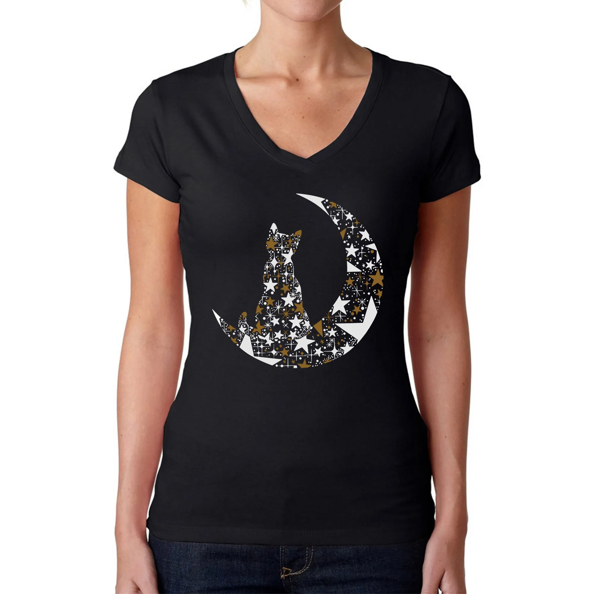 Cat Sitting On Moon - Women's Word Art V-Neck T-Shirt sold by LA Pop Art