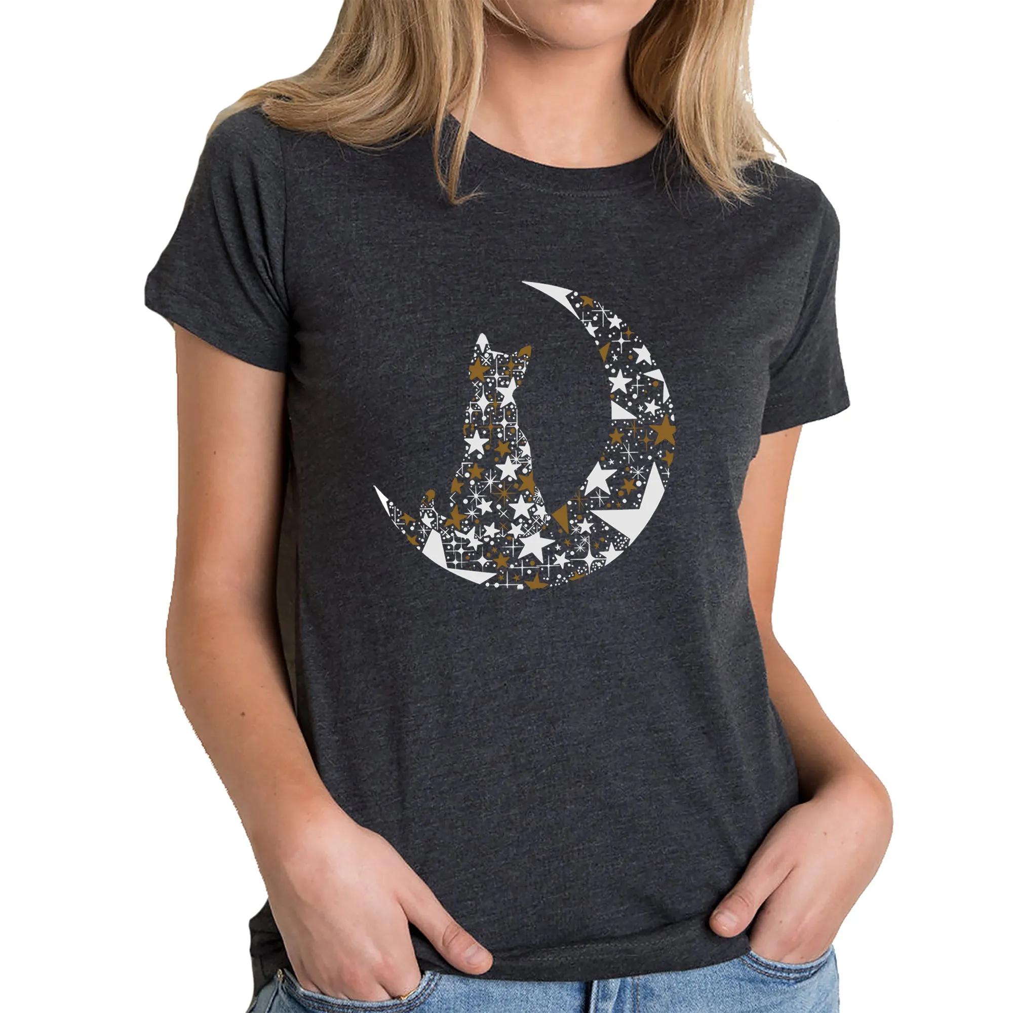 Cat Sitting On Moon - Women's Premium Blend Word Art T-Shirt sold by LA Pop Art