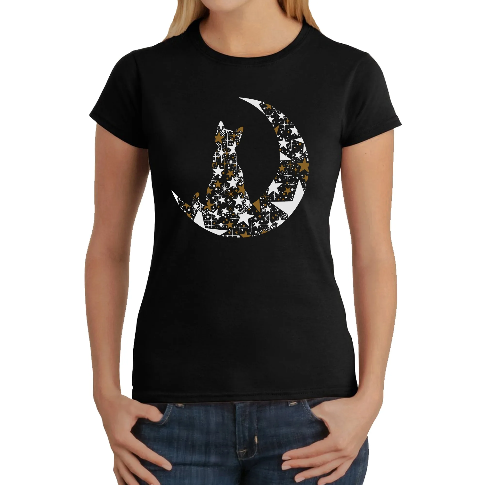 Cat Sitting On Moon - Women's Word Art T-Shirt sold by LA Pop Art