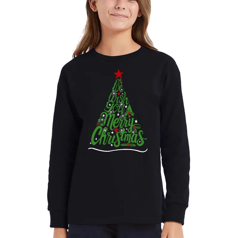 We Wish You A Merry Christmas - Girl's Word Art Long Sleeve T-Shirt sold by LA Pop Art