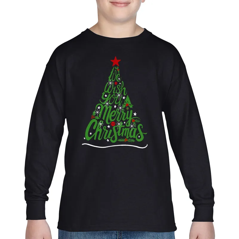 We Wish You A Merry Christmas - Boy's Word Art Long Sleeve T-Shirt sold by LA Pop Art