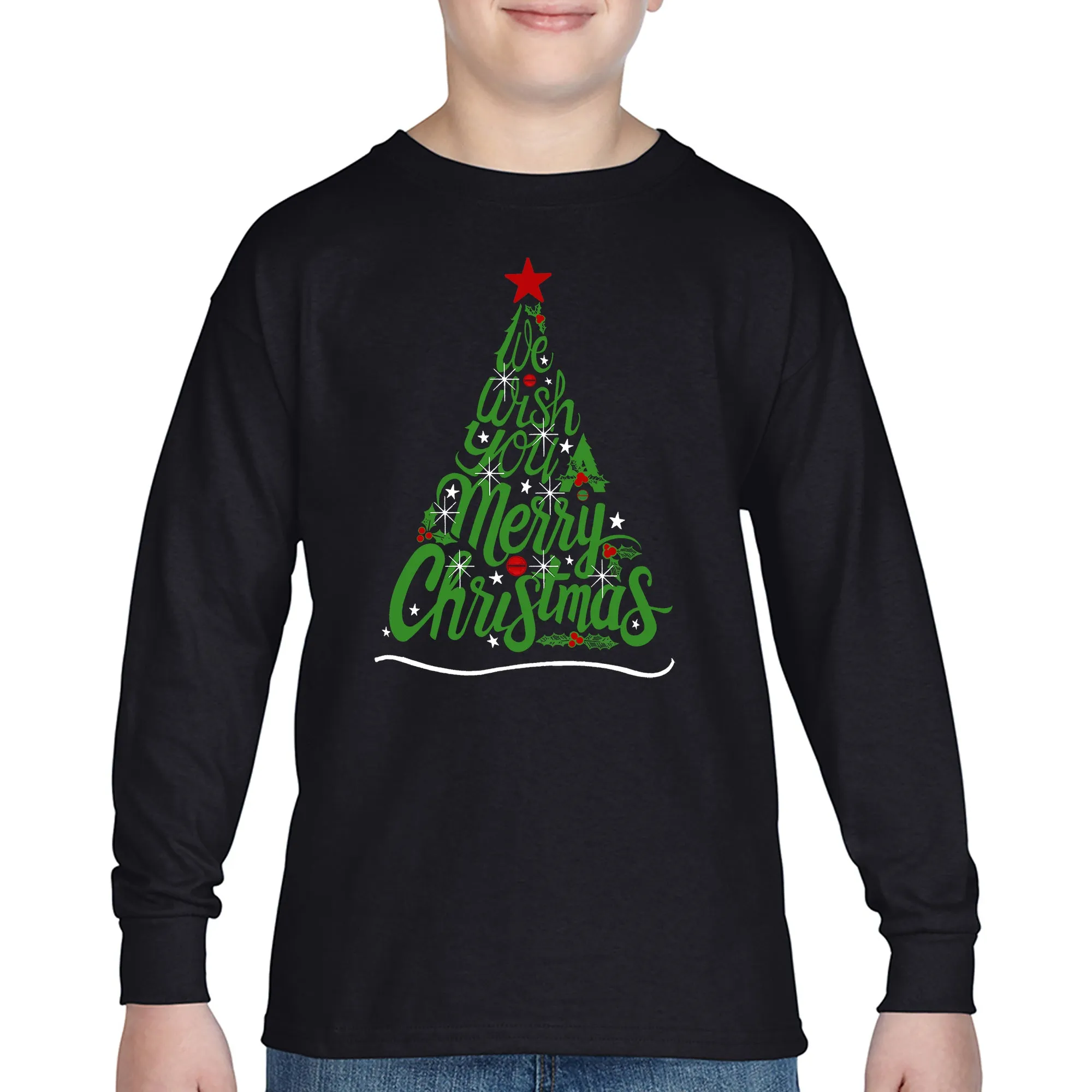 We Wish You A Merry Christmas - Boy's Word Art Long Sleeve T-Shirt sold by LA Pop Art