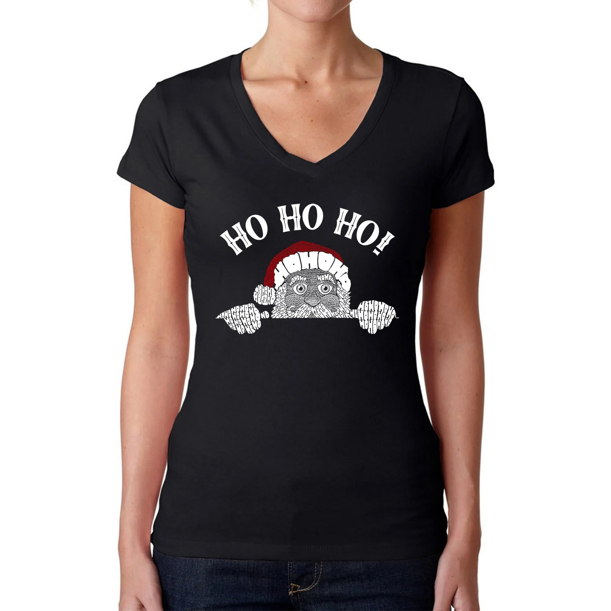 Peeking Santa - Women's Word Art V-Neck T-Shirt sold by LA Pop Art