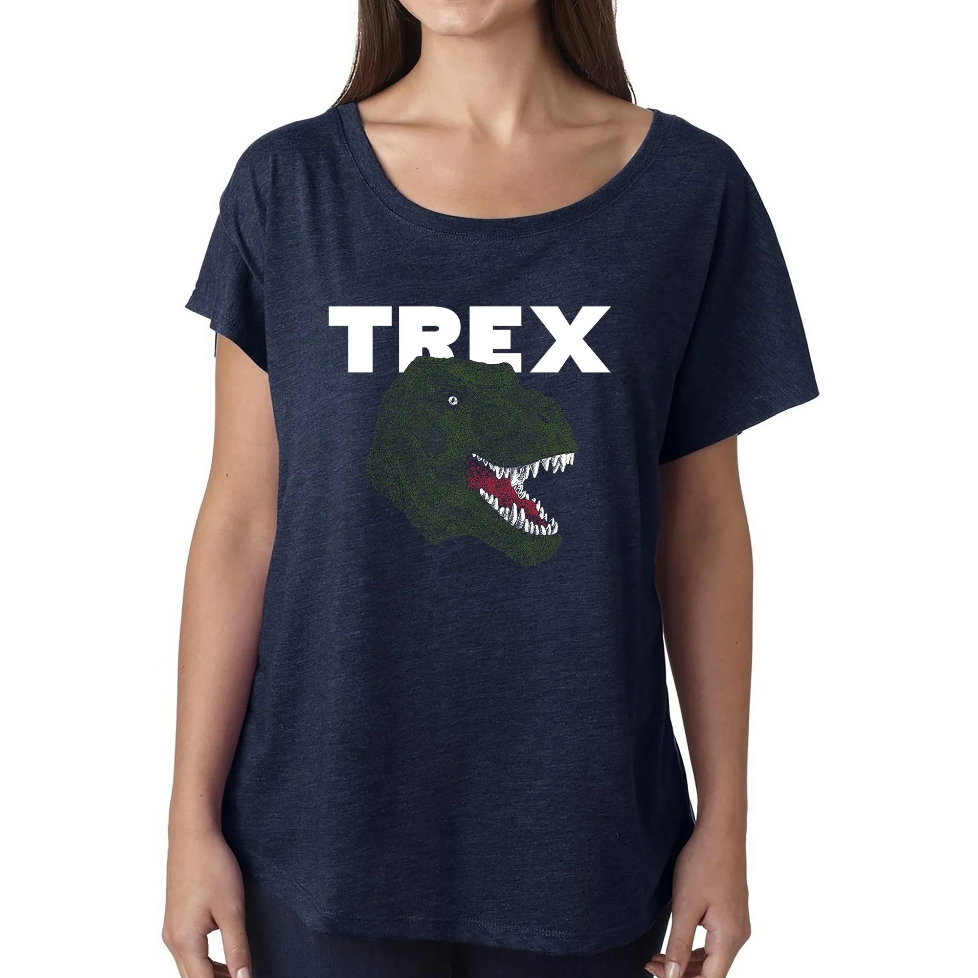 LA Pop Art Women's Loose Fit Dolman Cut Word Art Shirt - T-Rex Head sold by LA Pop Art product image thumbnail 3