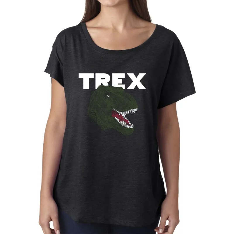 LA Pop Art Women's Loose Fit Dolman Cut Word Art Shirt - T-Rex Head sold by LA Pop Art