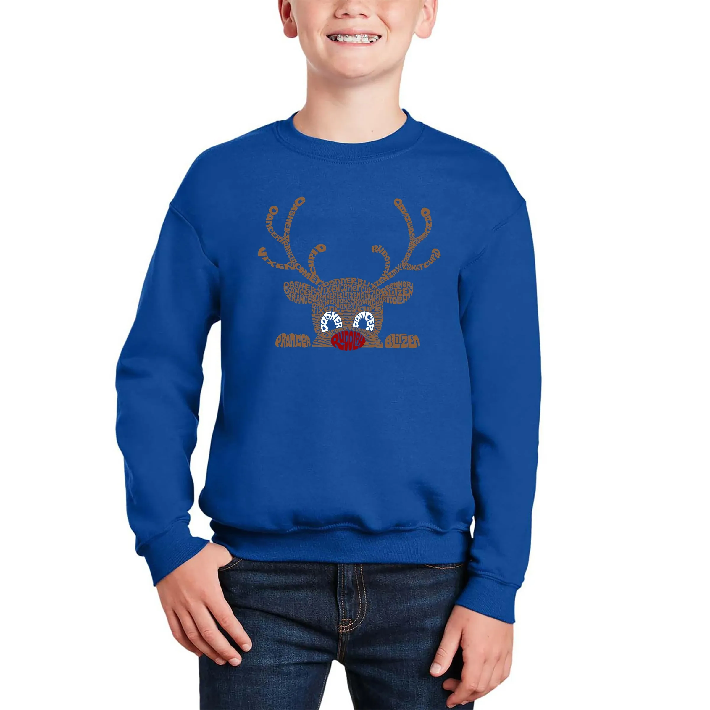 Peeking Reindeer - Boy's Word Art Crewneck Sweatshirt sold by LA Pop Art product image thumbnail 5