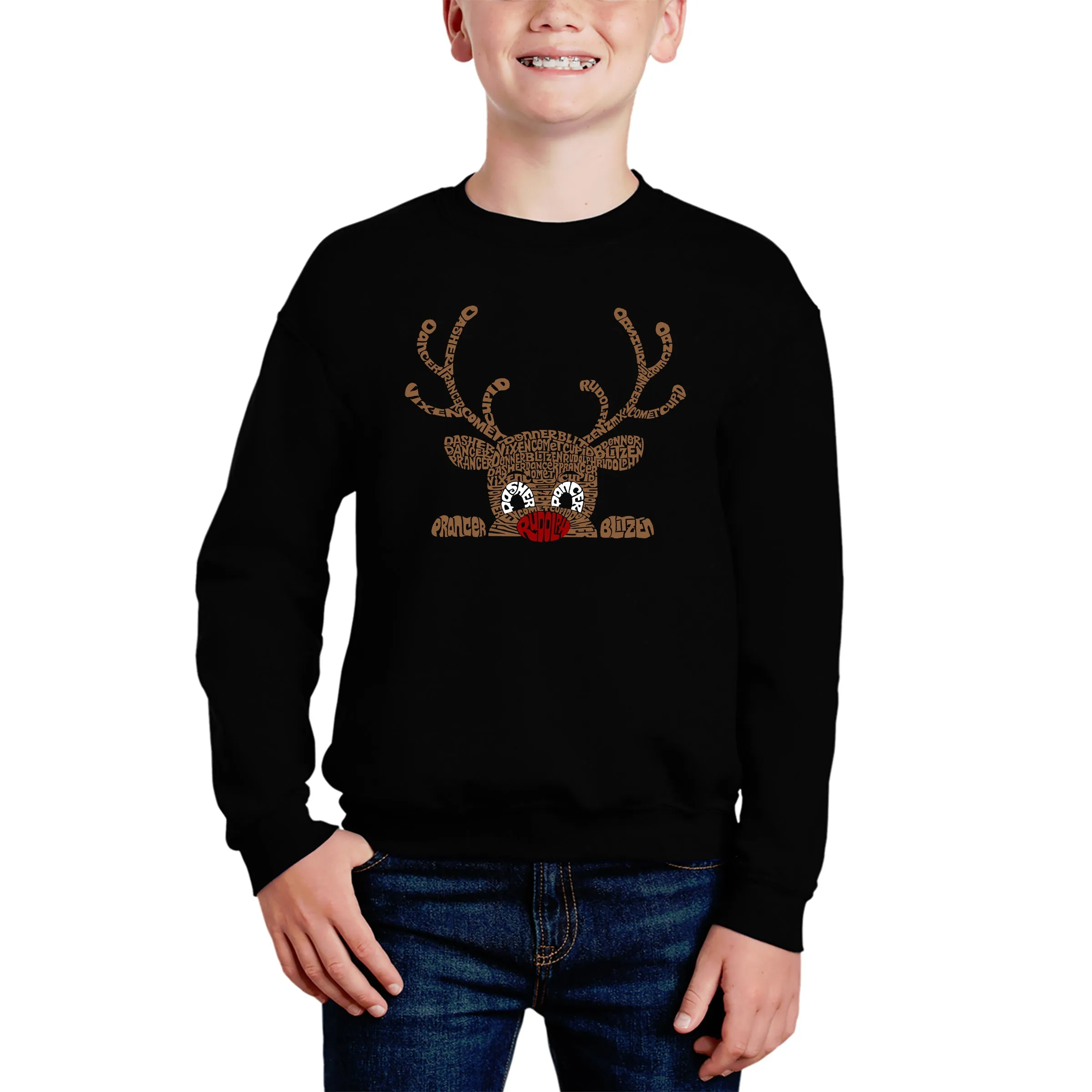 Peeking Reindeer - Boy's Word Art Crewneck Sweatshirt sold by LA Pop Art