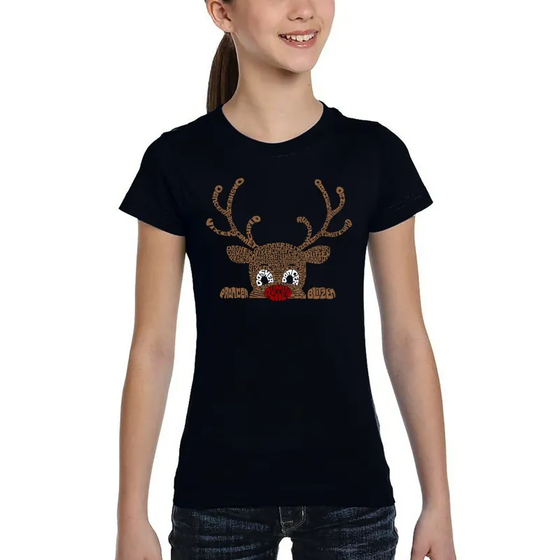 Peeking Reindeer - Girl's Word Art T-Shirt sold by LA Pop Art