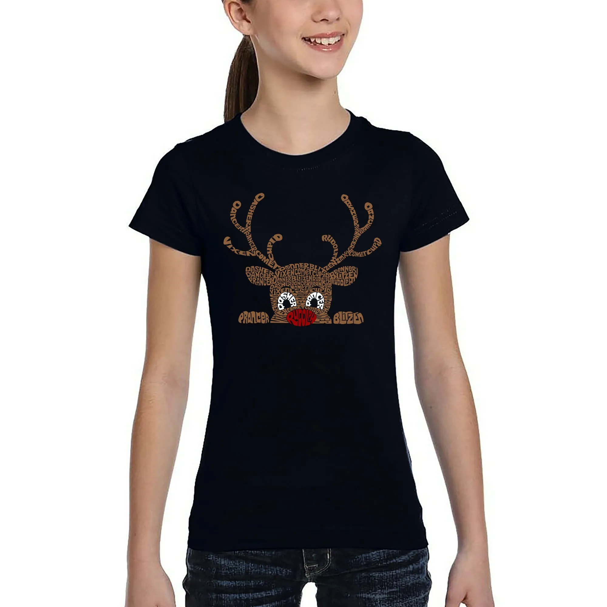 Peeking Reindeer - Girl's Word Art T-Shirt sold by LA Pop Art