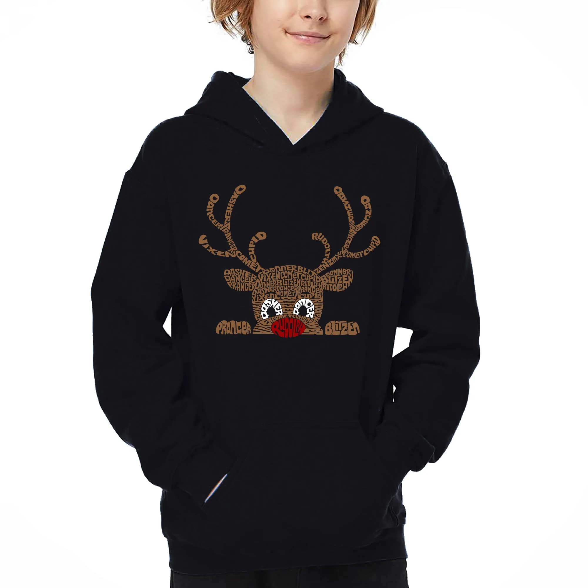 Peeking Reindeer - Boy's Word Art Hooded Sweatshirt sold by LA Pop Art
