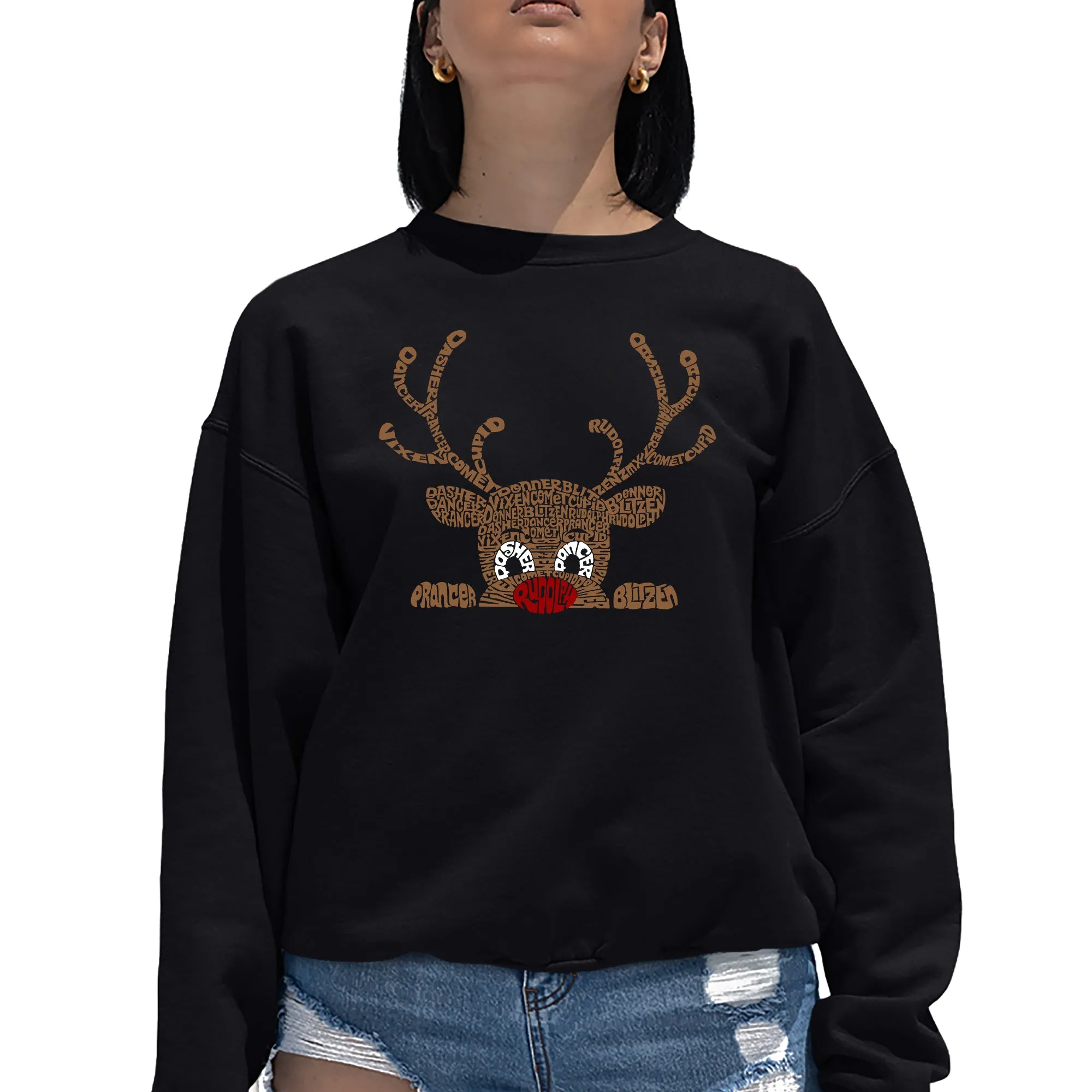 Peeking Reindeer - Women's Word Art Crewneck Sweatshirt sold by LA Pop Art