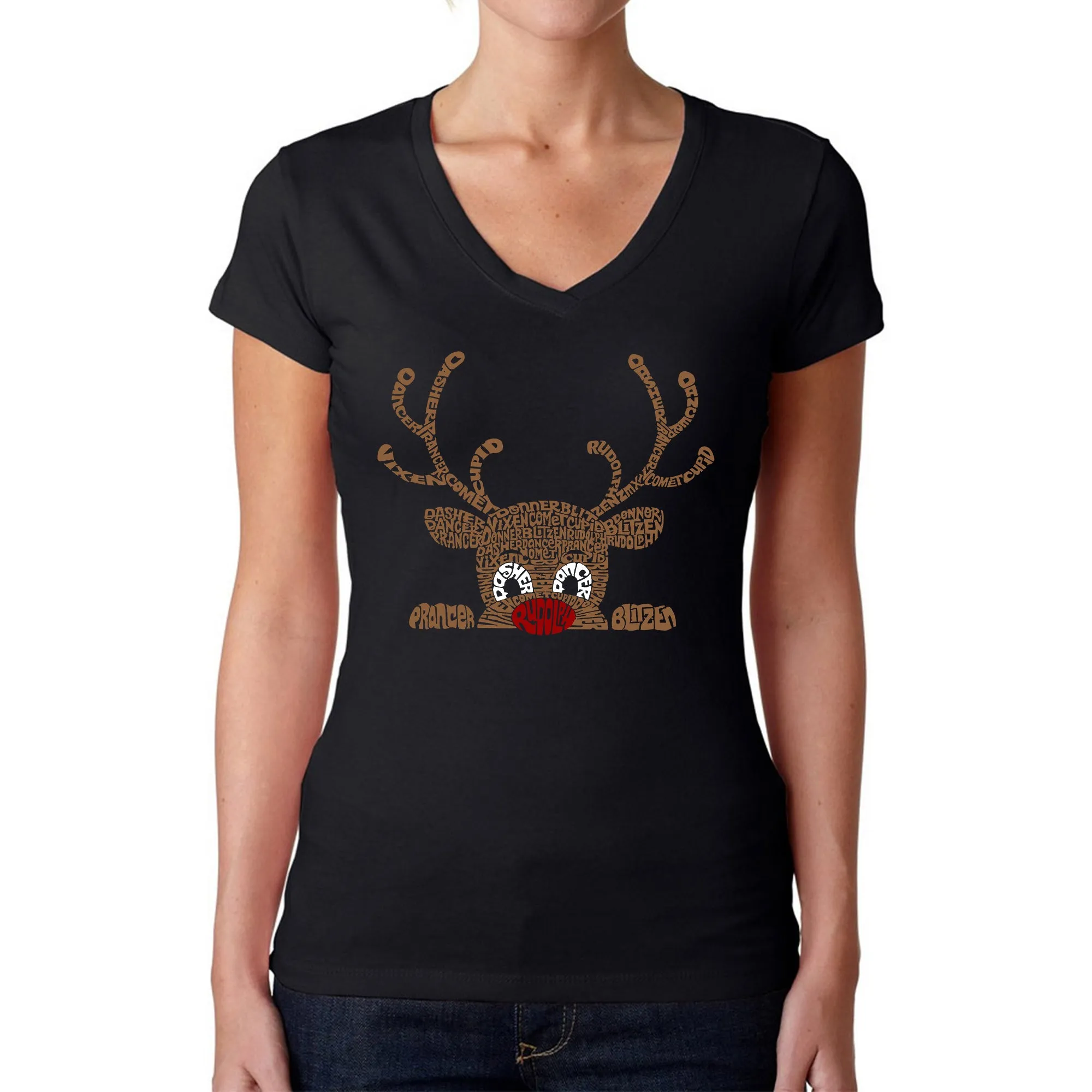 Peeking Reindeer - Women's Word Art V-Neck T-Shirt sold by LA Pop Art