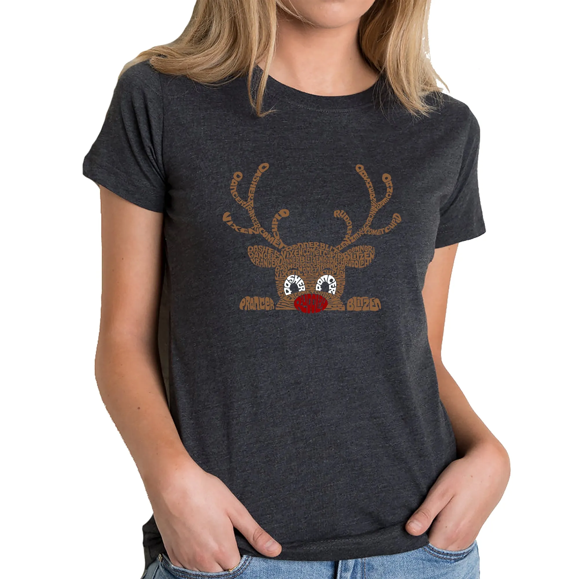 Peeking Reindeer - Women's Premium Blend Word Art T-Shirt sold by LA Pop Art