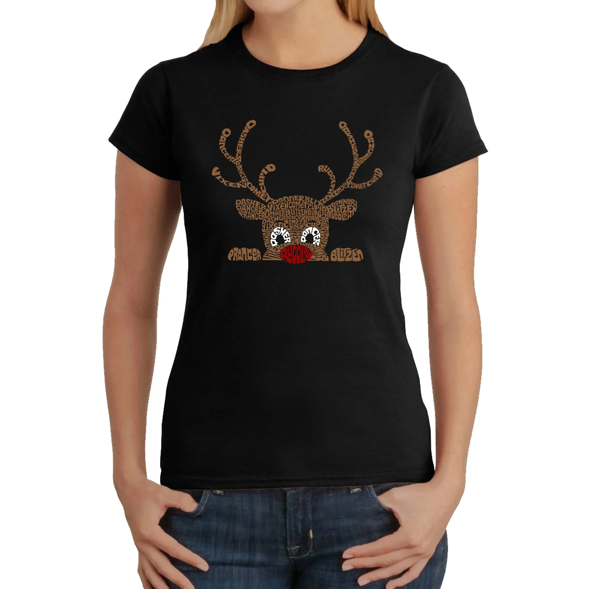 Peeking Reindeer - Women's Word Art T-Shirt sold by LA Pop Art