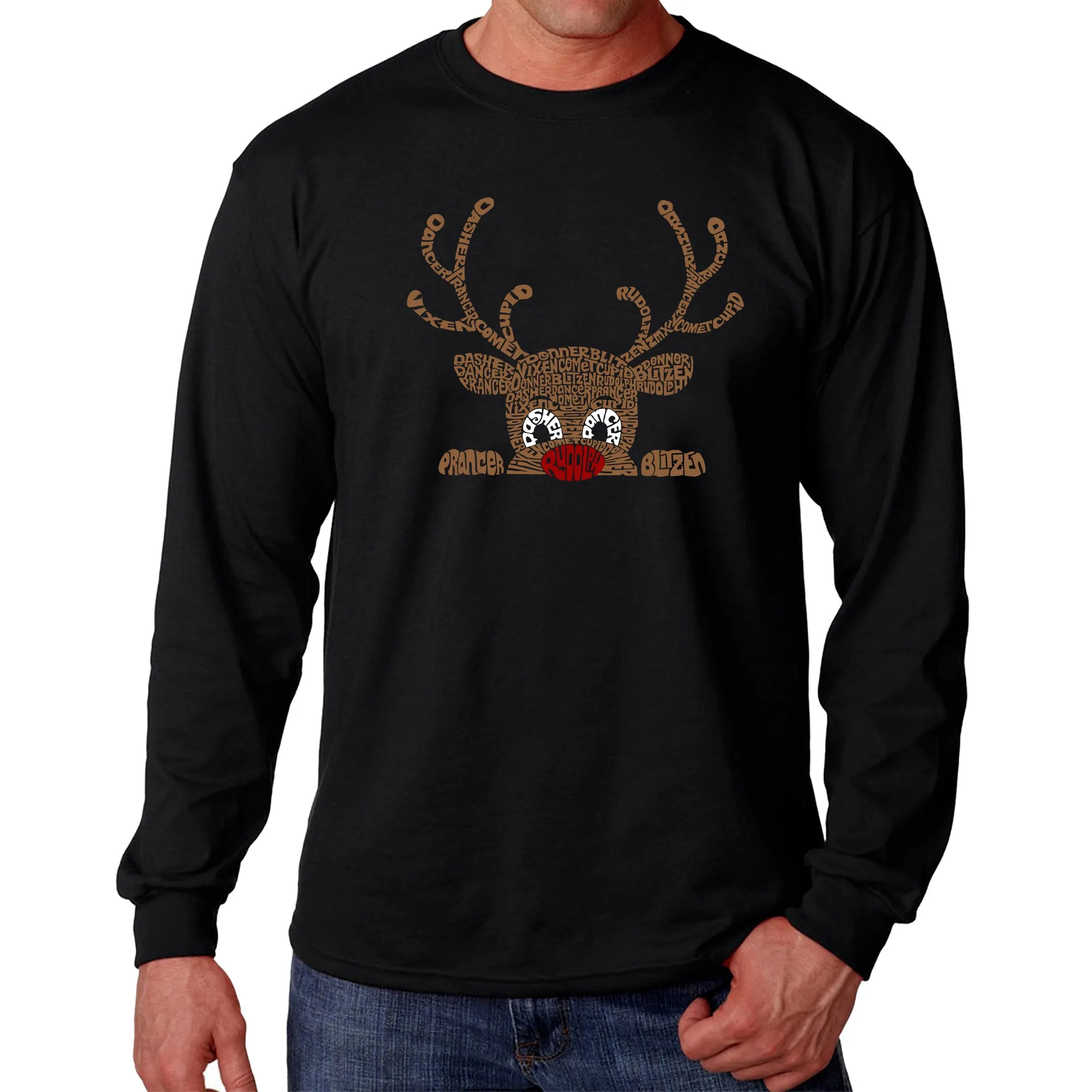 Peeking Reindeer - Men's Word Art Long Sleeve T-Shirt sold by LA Pop Art