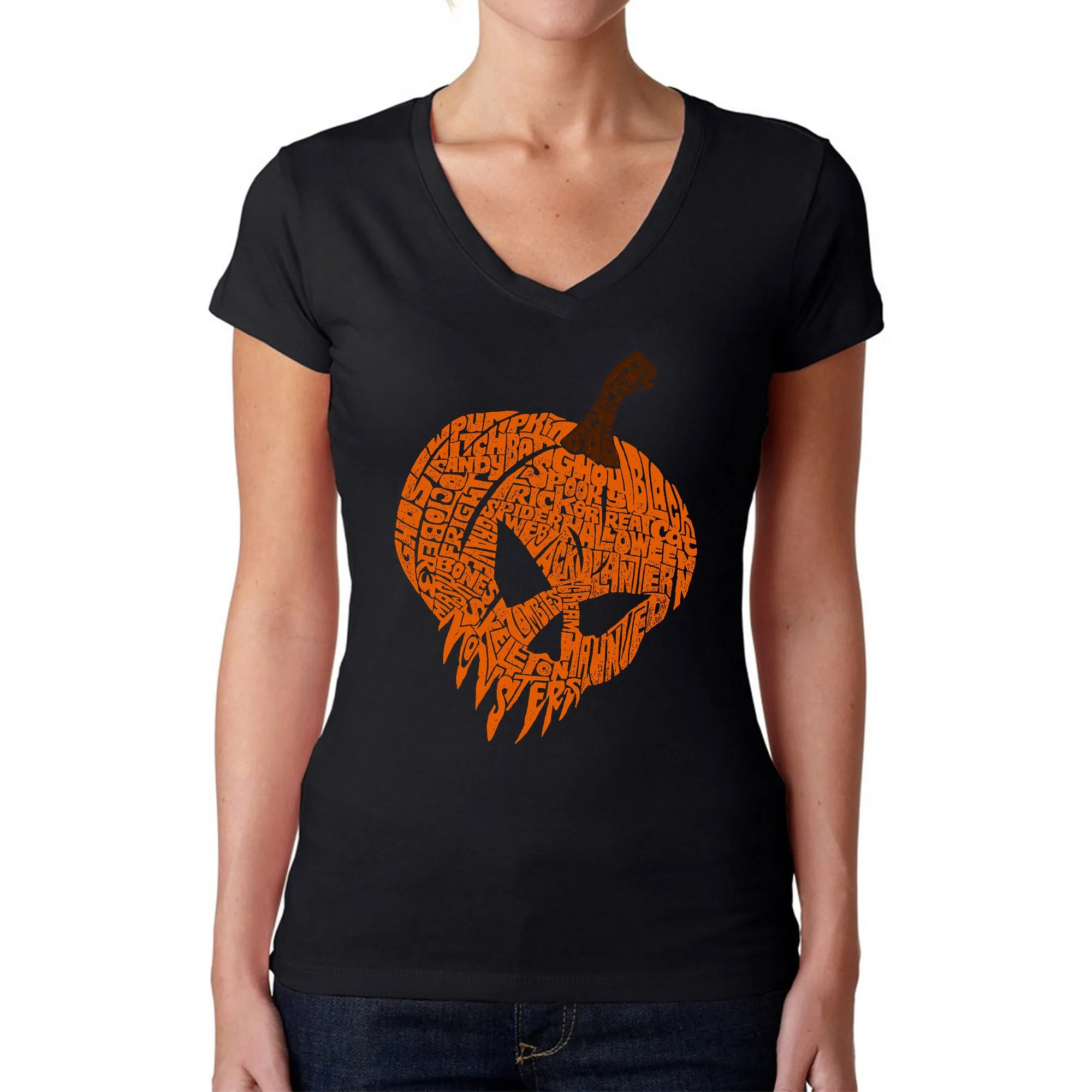 Evil Pumpkin - Women's Word Art V-Neck T-Shirt sold by LA Pop Art