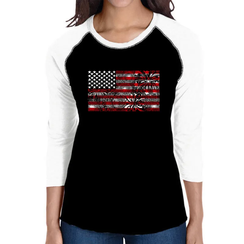 Women's Raglan Word Art T-shirt - Fireworks American Flag sold by LA Pop Art