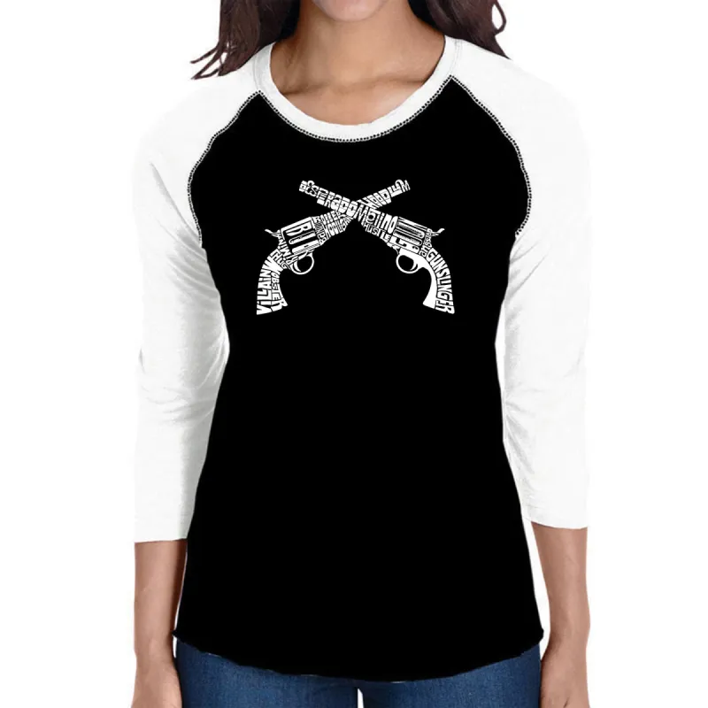 CROSSED PISTOLS - Women's Raglan Baseball Word Art T-Shirt sold by LA Pop Art