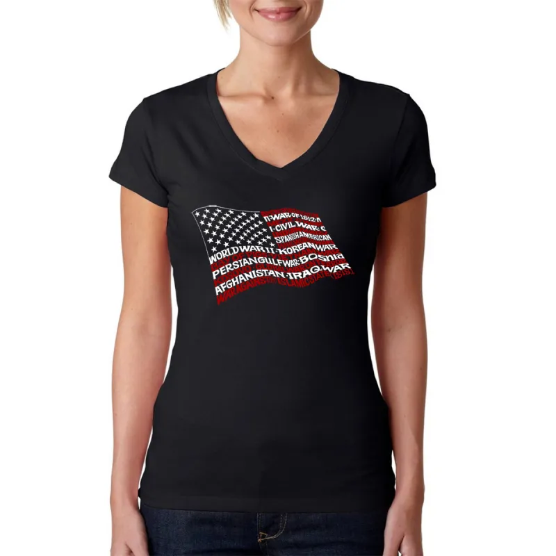 American Wars Tribute Flag - Women's Word Art V-Neck T-Shirt sold by LA Pop Art