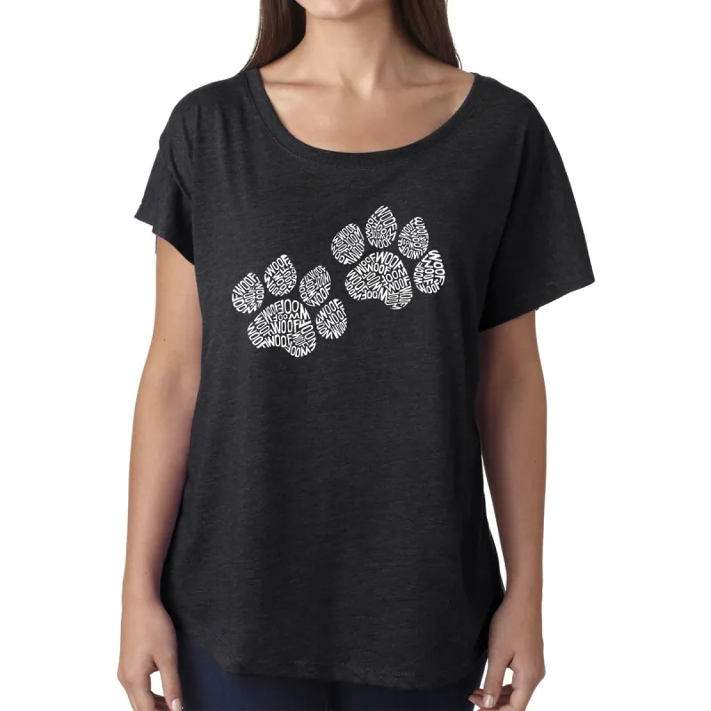 LA Pop Art Women's Dolman Word Art Shirt - Woof Paw Prints sold by LA Pop Art