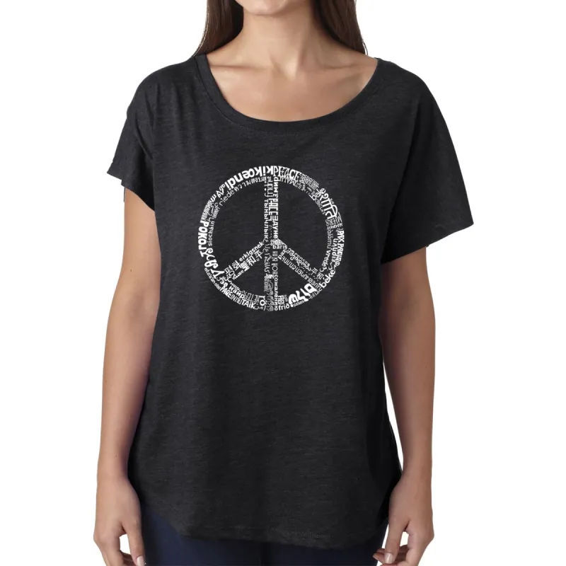 LA Pop Art Women's Dolman Word Art Shirt - THE WORD PEACE IN 77 LANGUAGES sold by LA Pop Art