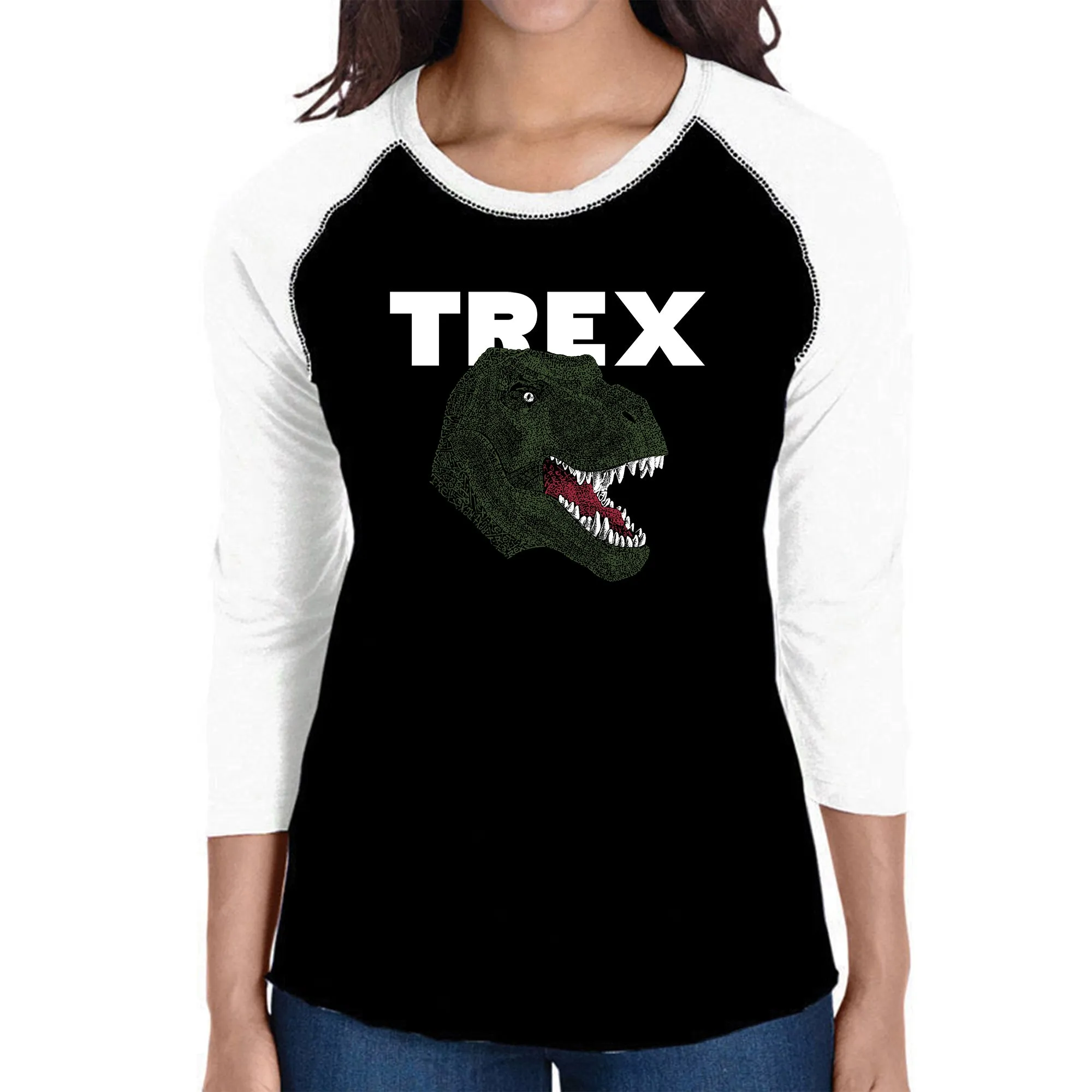 T-Rex Head - Women's Raglan Baseball Word Art T-Shirt sold by LA Pop Art