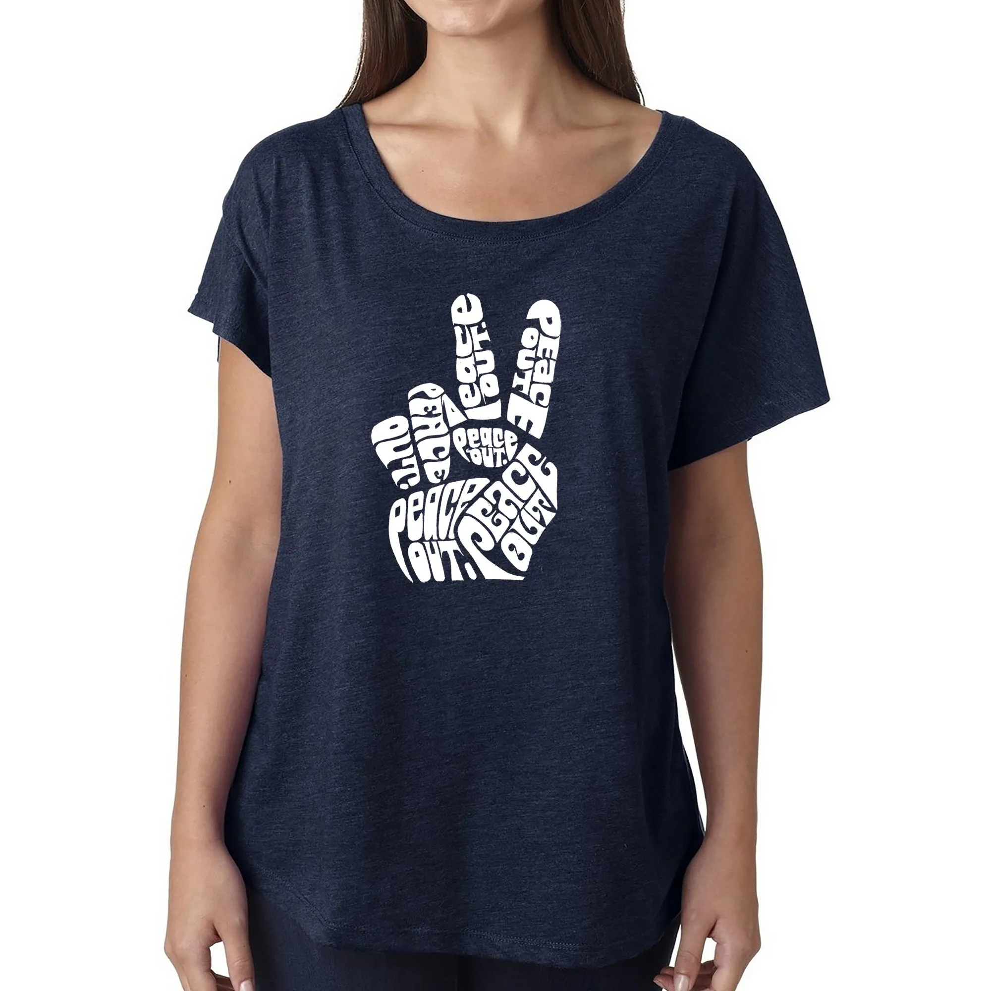 LA Pop Art Women's Loose Fit Dolman Cut Word Art Shirt - Peace Out sold by LA Pop Art product image thumbnail 3