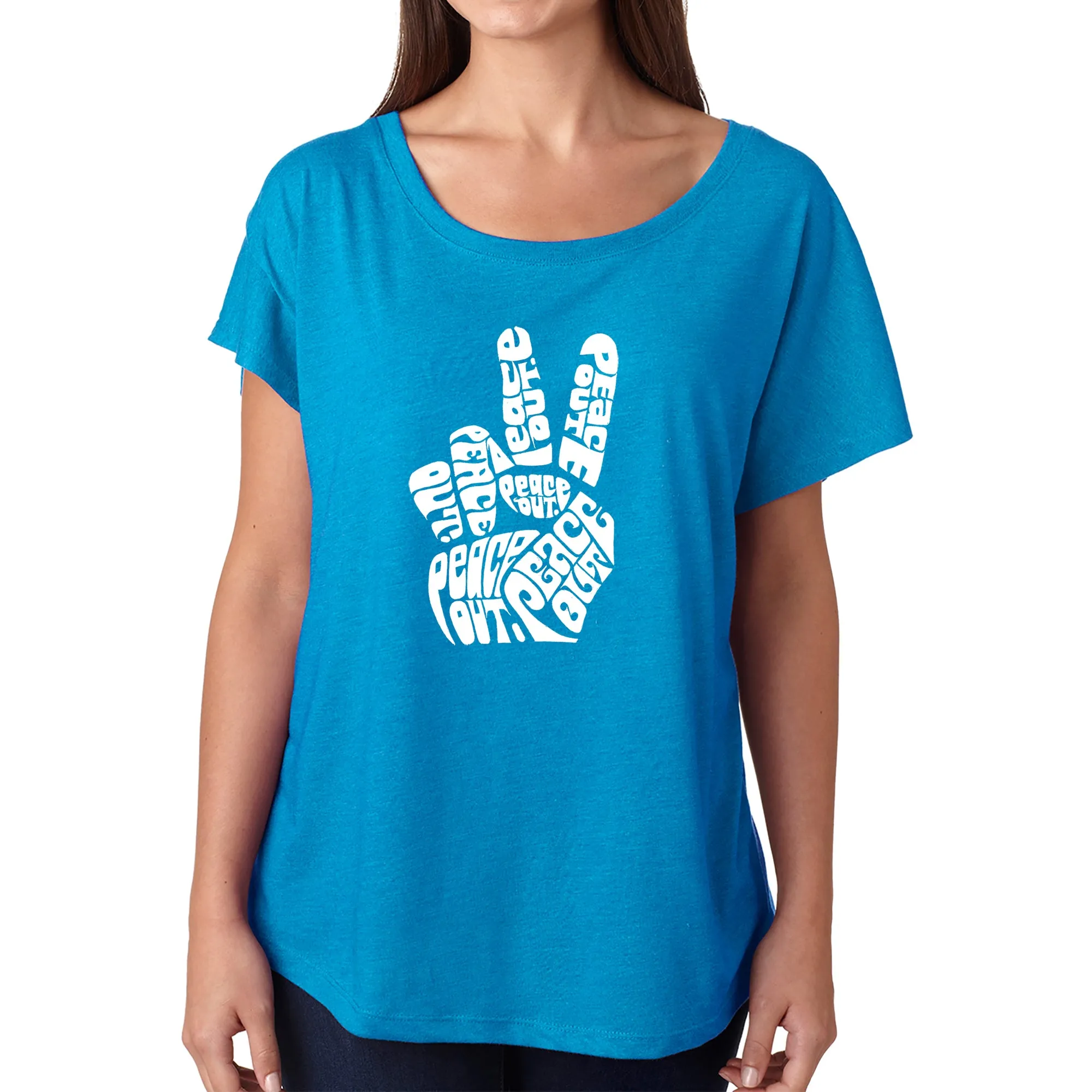 LA Pop Art Women's Loose Fit Dolman Cut Word Art Shirt - Peace Out sold by LA Pop Art product image thumbnail 4