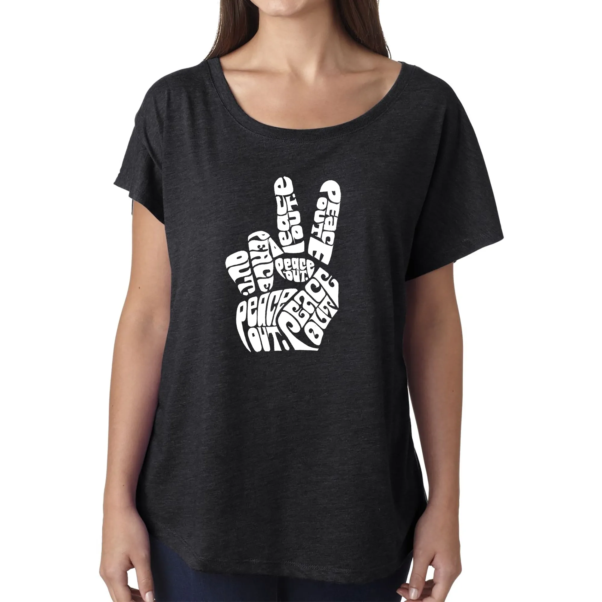 LA Pop Art Women's Loose Fit Dolman Cut Word Art Shirt - Peace Out sold by LA Pop Art